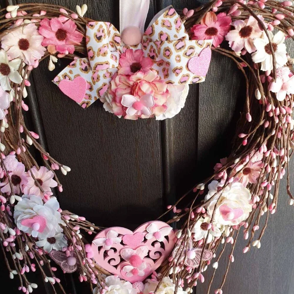 Valentine Day Heart Wreath Pink Roses Wall Hanger Door Home Office Decoration